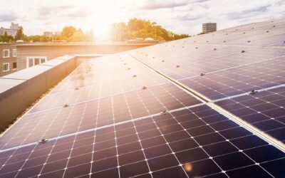 Kuva taloyhtiön katolle asennetuista aurinkopaneeleista. Taka-alalla näkyy muutamia muita kerrostaloja, vihreitä puita sekä lämpimästi loistava aurinko, jonka säteet osuvat aurinkopaneeleihin.